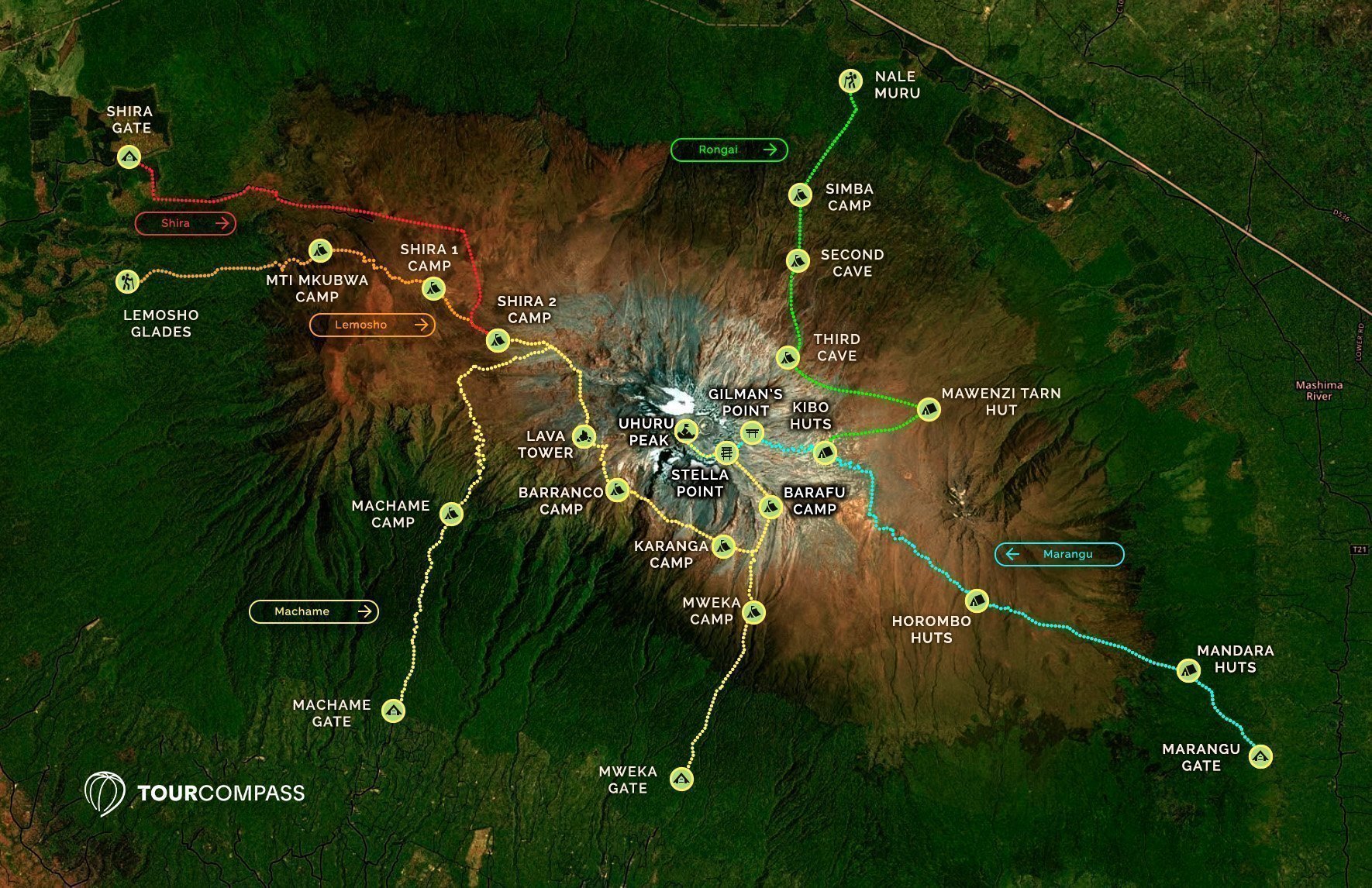 karta over kilimanjaro routes